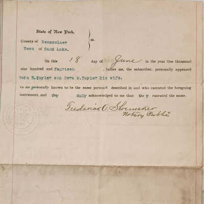 Doc # 159 Indenture John H. Taylor to Robert M. Kennedy 1914-06-18 Full PDF: Deeds property from John H. and Cora M. Taylor to Robert M. and Carrie E. Kennedy.  Four-page PDF of an original document that was retained by Sharron Shepard for her personal preservation from the overall FM Document Collection due to its connection to the Shoemaker family.  Specifically, the document is signed by Sharron's grandfather, Frederick A. Shoemaker, who served as a Notary Public and helped certify the document.