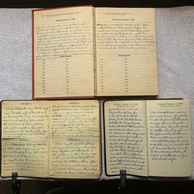 1939-1944 Ruth Thomas Miller Diaries - Example entry set 1: JPG photo.  Two days of sample entries from the 1939, 40 and 44 diaries from bottom left to top.