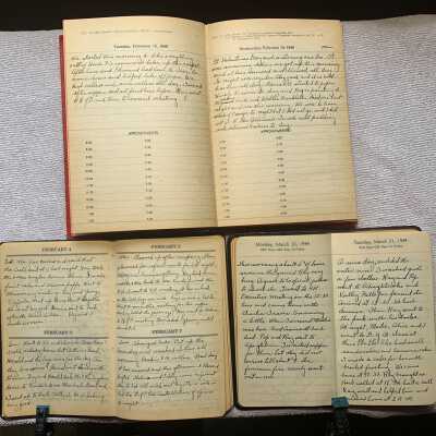1939-1944 Ruth Thomas Miller Diaries - Example entry set 2: JPG photo.  Two days of sample entries from the 1939, 40 and 44 diaries from bottom left to top.