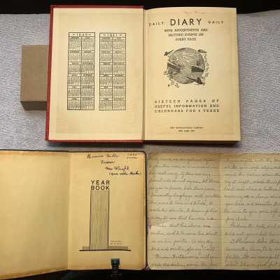 Ruth Thomas Miller Diaries - Title pages: JPG photo file.  1940 and 1939 diaries and the 1939 handwritten comical wedding vows from top to bottom.  The 1940 diary has no title page.