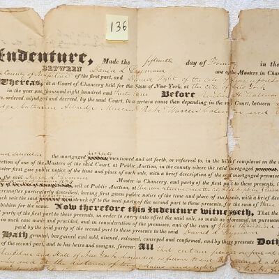 Doc # 136 Court of Chancery Indenture (Continued) 1834-02-15 P2-of-3: Chancery indenture top portion close-up. Also mentions Coonrod Albridge, Catherine Albridge, Marcus Peck, Warren Coleman, and Rupell Lay (?), at least some of whom were from Sand Lake, as being involved along with Wright presumably on the receipt end.  The lower portion is more legible when the high-res original photo is downloaded.