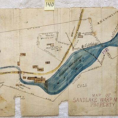 Doc # 140 Warp Mill Survey Map FPO: Undated and unattributed original and hand drawn and colored map produced on notepaper of the Sand Lake Warp Mill Company Property.  Perhaps hand copied from another map per the rest of this entry. Also depicts properties owned by the Schermerhorn, Knowlson, and Albertson families.  Curiously marked #5 in the upper left corner which corresponds with the #5 on the 1876 F.W. Beers Map shown in the SLHS Mill Town page noted in the Web Links portion of this entry. Warp is the lengthwise yarns used in knitting/weaving.  Thus, the factory presumably created cotton warp threads.
