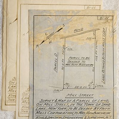 Doc # 143 Budesheim Survey Map 1960-09-06 FPO: Survey of a Mill Street property deeded to Ruth Budesheim from FM created by King & Danskin Engineering and Surveying. Includes five separate identical copies.  Three onion-skin and two on paper.