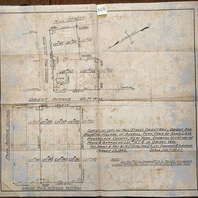 Doc # 144 Multiple Lot Survey Map 1945-08-23 FPO: Survey of approximately 16 lots located on Park Avenue, Orient Avenue, Orient Way, Grand View Avenue, and Mill Street in Averill Park by A.F. King Engineering and Surveyor. Specifically notes properties owned by the Coonradt, Loker (?), Runkle, and Gaddis families.