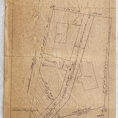 Doc # 145 Weatherwax House Survey Map 1953 FPO: Survey of property located on Mill Street in Averill Park created by James F. Hoffman surveyor for FM. Handwritten noted as being the Weatherwax House on its reverse side.