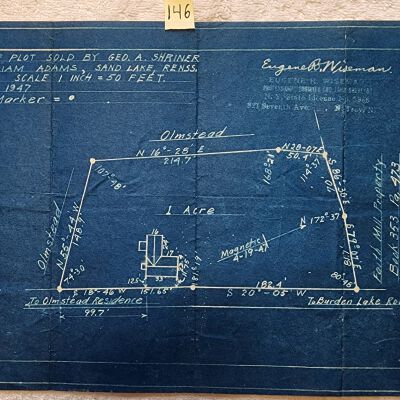 Doc # 146 Shriner / Adams Survey Map 1947-04 FPO: Survey of a plot sold by George A. Shriner to William Adams in Sand Lake created by Eugene B. Wiseman surveyor. Also mentions Olmstead residence property.