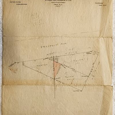 Doc # 147 Cipperly / Horton Survey Map 1945 FPO: Hand-drawn survey on Clark Cipperly letterhead of several Horton family and FM properties located on Prospect Avenue in Averill Park. Unattributed but hand drawn on Clark Cipperly, Attorney and Counselor at Law, Troy, NY, United States Commissioner, corporate letterhead.