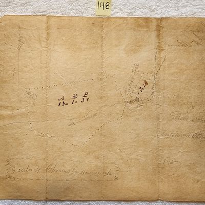 Doc # 148 Barton A. Thomas Original Survey Map 1845 FPO: Original hand-drawn survey map likely created by noted early Sand Lake surveyor Barton A. Thomas. Very faint pencil drawing of the Wynantskill area.  A notation on the back states, "Survey by B. A. Thomas". Little information but is very interesting due to it having been likely personally created by B. A. Thomas.