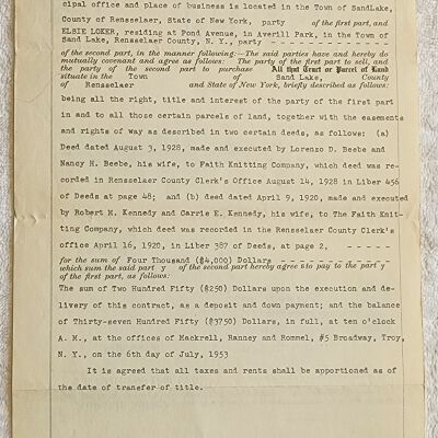 Doc # 149 Loker Contract for Property 1943-05-29 FPO: Agreement between FM and Elsie Loker of Sand Lake. Agreement to sell a parcel of FM property to Loker for $4,000. Also mentions the Beebe and Kennedy families.