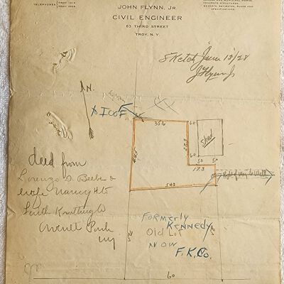 Doc # 150 Beebe / Kennedy Survey Map 1928-06-13 FPO: Hand-drawn survey of a parcel located near the former Beebe and Kennedy properties. Created by John Flynn, Jr. Civil Engineer letterhead apparently for FM.
