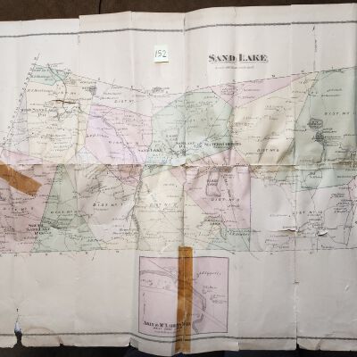 Doc # 152 Historic Map of Sand Lake 1886 (?) P1-of-3: Commercially produced and double-sided color map of Sand Lake with insets noting hamlets and points of interest.  Includes a full-town map on one side with an inset detailing the location of the Akin, McLarens, and Stone Picket House Mills.  Includes insets for the hamlets of Sand Lake, Sliter's Corners, Glass Lake House, and West Sand Lake on the reverse.