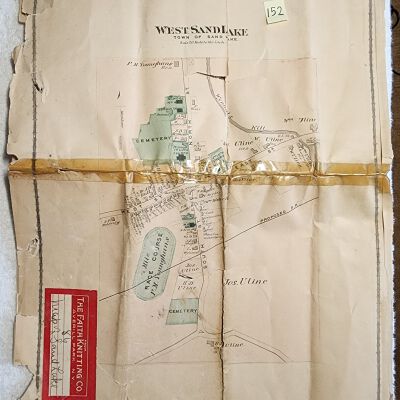 Doc # 152 Historic Map of Sand Lake (Continued) 1886 (?) P2-of-3: Historic map of Sand Lake reverse side West Sand Lake inset.  Undated and unattributed.  However, the FM property sticker shown in this photo includes a handwritten "86" above a notation of "Town of Sand Lake Map."  Thus, likely produced in 1886.