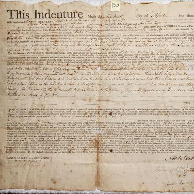 Doc # 155 Smith / Lyman Indenture. 1810-04-19 FPO: Noadiah Smith and Susannah Smith of Greenbush to Aretus Lyman. References titles dating back to Stephen Van Rensselaer and Philip Burkdorf in 1807. Definitely a rare and foundational original document with regard to the other document entries.  Document # 33 appears to be its supporting survey.