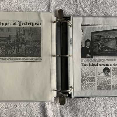Left - Fire Engine Photo: Right - Sand Lake Bicentennial, Joseph Hidley, Glass Lake House, recreation by Ruth C. Udwary newspaper article