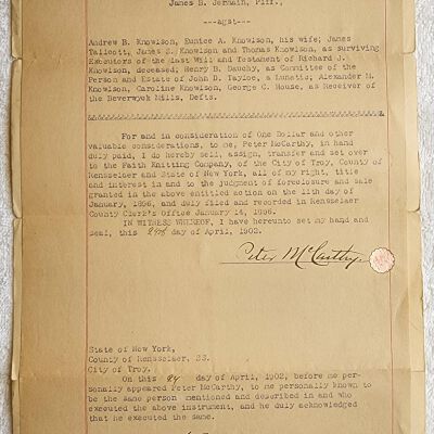 Doc # 57 Supreme Court Ruling 1902-04-24 FPO: One-page legal notice from Peter J. McCarthy to FM. Legal notice that McCarthy had assigned all proceeds from the judgment described by document #56 to Faith Knitting Company. Also refer to documents # 46 and 56.