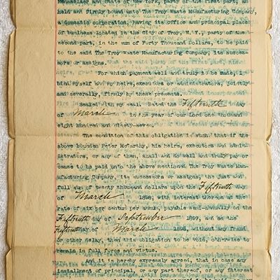 Doc # 60 Loan Agreement 1897-03-15 FPO: $40,000 loan and repayment agreement from or to Peter McCarthy to or from the Troy Waste Manufacturing Company (TWMC). Likely a loan from McCarthy to TWMC and secured by TWMC assets with relatively rapid repayment over the following few years.