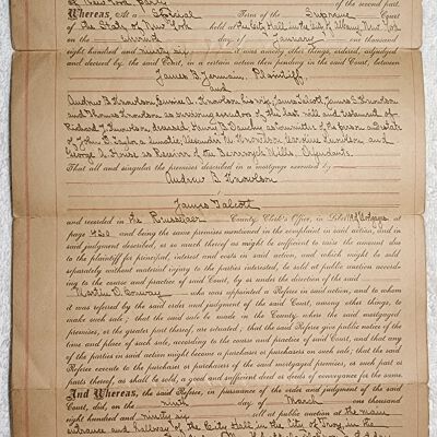 Doc # 61 Indenture 1896-03-16 FPO: Martin D. Conway (referee) to James B. Jermain (plaintiff) against Andrew B. Knowlson and numerous others. Labeled an indenture, but reads more like the results of a Supreme Court order of foreclosure on a mortgage or loan of some sort and public auction of real property in Sand Lake yielding $5,000. However, the largely handwritten and dense document is very difficult to decipher.  Likely related to documents 65 to 67 among others.