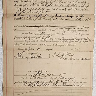 Doc # 64 Release of Lien 1898-01-11 FPO: Granted to H. C. Arnold and Martha Arnold from G. L. Wiltse loan commissioner. Apparently satisfies a loan originally made in 1850.  Very difficult to decipher. Also mentions Stephen P Hunt and Sarah A. Hunt among illegible others.