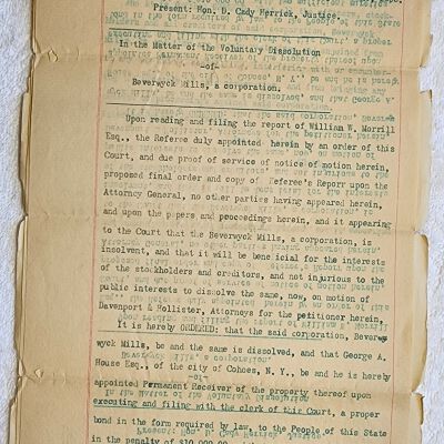 Doc # 74 Supreme Court Order 1895-06-24 FPO: From Judge D. Cady Herrick to the Officers and Stockholders of Beverwyck Mills. Court order freezing the assets and management of Beverwyck Mills due to insolvency and appointing George A. House as the referee of the dissolution of its assets.