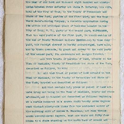 Doc # 77 Indenture 1897-03-15 FPO: Peter McCarthy and Julia F. McCarthy to Troy Waste Manufacturing Company. Deeds property from the McCarthys to TWMC in consideration of $20,000. Also mentions Richard E. Schermerhorn, Warp Mills, Merwin's Paper Mill, and the McConihe properties.