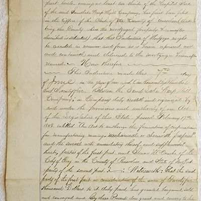 Doc # 80 Indenture 1875-06-07 FPO: From the Sand Lake Warp Mill Company to Isaac McConihe. 12-page, double-sided, completely handwritten document that deeds property located near FM from Warp Mill to Isaac McConihe for $25,000. Notes that the Warp Mill was incorporated on February 17, 1848, and other apparently McConihe family members as being officers of Warp Mill.