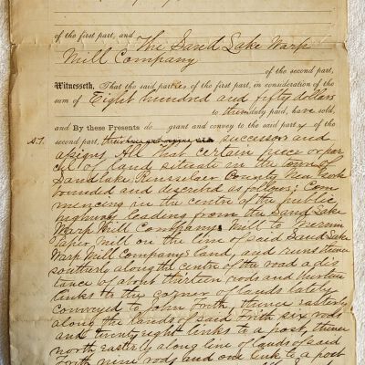Doc # 81 Indenture 1871-02-25 FPO: Frances M. Arnold and Oscar B. Arnold to Warp Mill Company. Largely handwritten document that deeds property near the Warp and Paper Mills in Sand Lake to Warp Mill for $850. Also mentions Richard E. Schermerhorn, John Frith and Ahon P. Albertson as being related properties or past interests.   (NOTE:  There is no document # 82.)