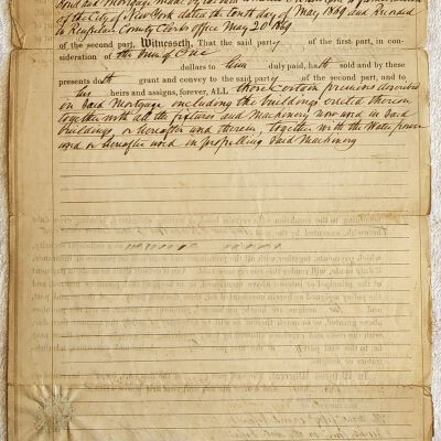 Doc # 83 Indenture by Referee 1876-02-18 P1-of-2: John K. Colby to Isaac McConihe. Six-page, double-sided and largely handwritten document entitled a "Referee's Deed in Mortgage Cases," that appears to settle a property dispute between Isaac McConihe and the Warp Mill Company in Sand Lake with Colby being a court-appointed referee. Apparently resulted from a February 8, 1876, public auction held in Troy.
(NOTE:  There is no document # 82.)