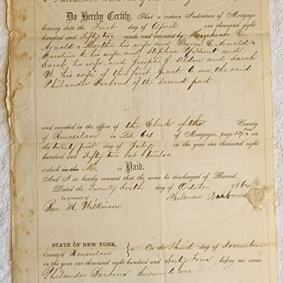 Doc # 86 Release of Lien 1864-10-26 FPO: Philander Barbour from Brainard to Hezekiah C. Arnold, Caroline Arnold, Stephen P. Hunt, and Joseph J. Alden. Notes satisfaction of a mortgage first taken April 1, 1852. Includes no description of the property being released from mortgage.