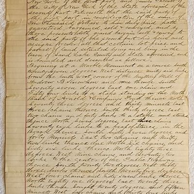 Doc # 87 Indenture 1869-05-10 FPO: Andrew B. Knowlson to James Talcott of the City of New York.  Two-page completely handwritten document that deeds land near FM to Talcott from Knowlson in consideration of $10,000. Likely an important foundational document with relation to several court cases and numerous deeds.