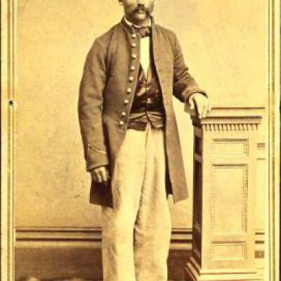Peter Schumacher / Shoemaker Portrait - Full Length: Front of a cartes-de-visite portrait photo taken on July 4, 1866, to help document Peter's military service for submission in response to a US Government survey of Civil War veterans.  The "2787" likely reflects further processing by government officials.