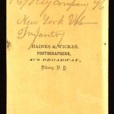 Peter Schumacher / Shoemaker Portrait - Back: Back of a cartes-de-visite portrait photo taken on July 4, 1866, to help document Peter's military service for submission in response to a US Government survey of Civil War veterans.