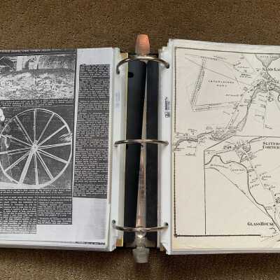 Left: 1936 Albany Evening News Glass Making Industry articles continued: Right: Sand Lake and Sliters Corners maps