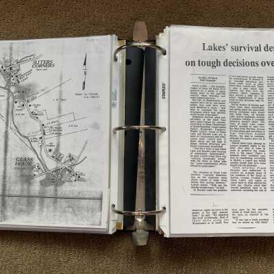 Left: Sliters Corners map: Right:  1983 Times Record article regarding Sand Lake dam maintenance and Frank Breselor Town attorney interview