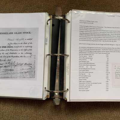 Left: 1806 Rensselaer Glass Stock certificate issued to Francis Bloodgood: Right:  William Taylor 1814, deceased glassmaker, estate summary