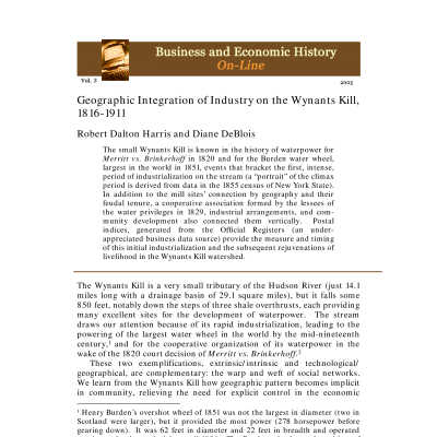 Geographic Integration of Industry on the Wynantskill, On-Line Article, PDF: Geographic Integration of Industry on the Wynantskill, On-Line Article,  Business and Economic History Article, by Robert Dalton Harris and Diane BuBois. Click on the picture and then the cloud icon to download a copy of this PDF.   Available via http://www.thebhc.org/publications/BEH/2005/harrisanddeblois.pdf
