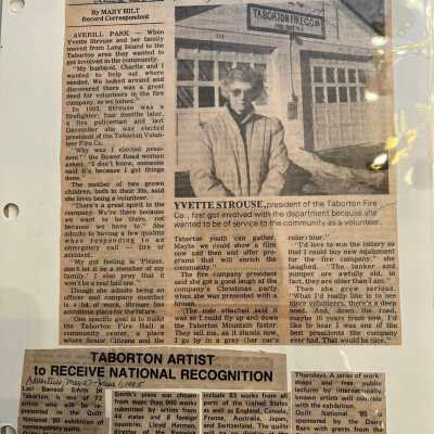 Two news articles: "President of volunteer company enjoys getting things done" Times Record, Feb 10, 1985. "Taborton artist to receive national recognition" Advertiser May 27-oJune 1, 1985: First article profiles Taborton Fire Co. President Yvette Strous. Second idenifies quilter Lori Barraco Smith.
