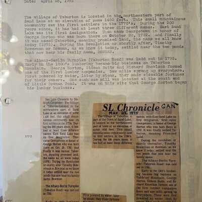 Text and printed version of article for Sand Lake Chronical by Town Historian Madolyn Carpenter, published May 28, 1975