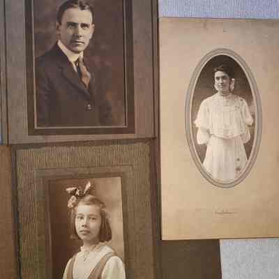 Apparent Family Group 1A: Assumed from same family due to all three photos being by a photography shop named Albany Art Union.  A notation of Ethel M. Waterbury appears on the back of the woman's photo and January 1920 appears on the back of the girl's photo.  An Internet search found no reference to someone named Ethel M. Waterbury residing in or around Sand Lake, NY.  Rather, these photos may be related to the "W. Earle Waterbury, RPI Graduate, Nassau, NY" entry of this folder and site.  However, that is solely based upon the common "Waterbury" surname and somewhat similar appearance of the man's photo.