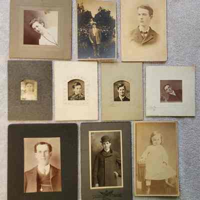 Miscellaneous Photo Group 5: Numerous unrelated Carte de Viste (about 2" x 3") and smaller style photos.  The photo of the boy looking toward the right in the center left of the group includes a notation of Spencer Brockway 11 years 1907.  The center far left photo includes a notation of Evelyn May Messing or Mensing or similar.  An Internet search found no Sand Lake connections.
