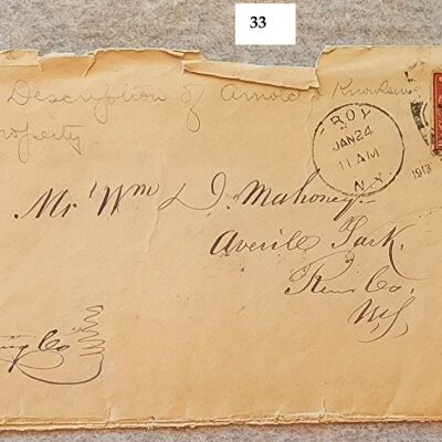 Doc # 33 Survey Documents 1810-04-17 and 1913-01-24 P1-of-3: January 24, 1913, mailing envelope from Jeffery P. Thomas to William D. Mahoney which transmitted original handwritten survey results that were requested by Noadiah Smith for Aretus Lyman in April of 1810 and were likely compiled by Burton A. Thomas and likely related to document # 155 which also deeded property from Smith to Lyman in April of 1810.  While no cover letter was found or possibly included, note the faint pencil writing that notes that it was a "Description of the Arnold and Knowlson Property" and the survey notes that it was a "Survey of the Grist Mill Lot."