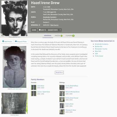 Hazel Drew Find-A-Grave Entry: JPG screen capture.  Refer to weblinks portion of this entry to access the site which is unusually detailed and includes over 36 recent memorial posts.