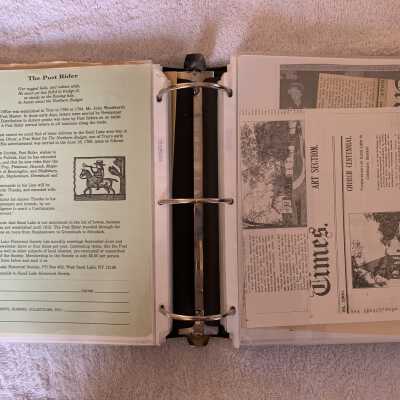 Left - The Post Rider first reference of postal service to Sand Lake by Diane DeBlois and Robert Harris: Right - Newspaper article regarding the 1908 Centennial of the First Presbyterian Church that later became Sand Lake Town Hall and the Sand Lake Center for the Arts