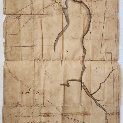 Doc # 154 Glass Factory Map Circa 1804 to 1818 P1-of-5: Full approximately 18" x 30" map. Original hand-drawn parchment map of Glass Lake, the "Rensselaer Glass Factory," and its village apparently before it was called "Glass House Village."  Entitled, "A Map of The Village of Rensselaer belonging to the President and Directors of the Rensselaer Glass Factory."  Perhaps the rarest document in the collection if it has yet to have been identified and published elsewhere.  Interestingly refers to Rensselaer Village rather than Glass House village.  Thus, likely a very early map.