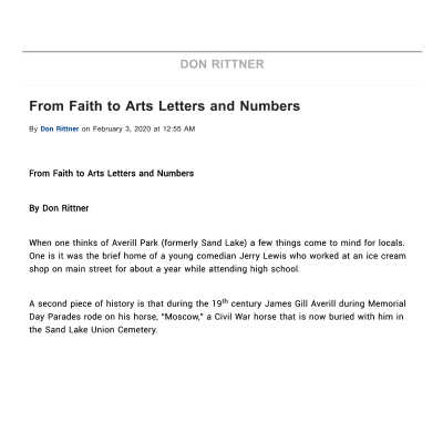 From Faith to Arts Letters and Numbers, Albany Times Union Article, PDF: From Faith to Arts Letters and Numbers, Albany Times Union Article, Feb 3, 2020, by Don Ritter. Click on the picture and then the cloud icon to download a copy of this PDF.   Available via:  https://blog.timesunion.com/rittner/from-faith-to-arts-letters-and-numbers/6880/