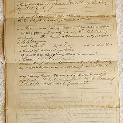 Doc # 91 Bond 1869-05-10 FPO: Andrew B. Knowlson to James Talcott of the City of New York. Appears to be a bond establishing a $10,000 mortgage or loan from Talcott to Knowlson.