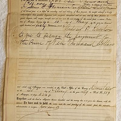 Doc # 92 Mortgage Assignment 1874-01-14 FPO: James Talcott to James B. Jermain. Appears to assign the mortgage granted to Knowlson by Talcott by document entry # 91 to Jermain.
