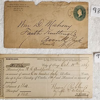 Doc # 93 Receipt and Envelope 1867-10-11 FPO: Received from H. C. Arnold Brothers by a US Loan Commissioner for Rensselaer County. Notes that Arnold paid $140 in interest but fails to list the principal or property involved. Likely paid on a loan from or mortgage held by William D. Mahoney since the receipt was mailed to Mahoney at the Faith Knitting Company from the Troy Waste Manufacturing Company.