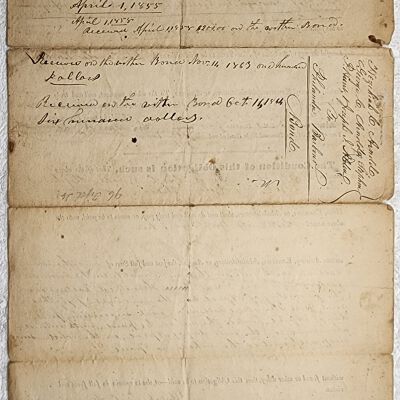 Doc # 94 Bond 1852-04-01 P1-of-2: From Hezekiah C. Arnold, George C. Arnold, Stephen P. Hunt, and Joseph P. Alden to Philander Barbour. Two-page (front and back) largely handwritten bond that loans $4,000 based upon a promise to pay Barbour $500 per year until the initial principal plus interest was repaid. The reverse side of the bond notes repayments continued through at least 1864.