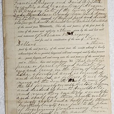 Doc # 95 Indenture 1864-01-01 FPO: Sarah Gregory, Francis A. Gregory, David B. Luther as executors of the Abraham V. P. Gregory estate to George C. Arnold and Hezekiah C. Arnold. Entitled as an "Executor's Deed" of land from the Gregories to the Arnolds.