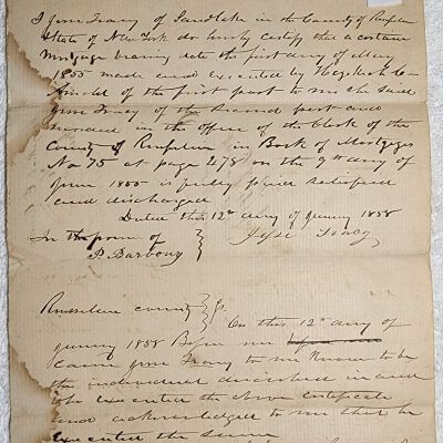 Doc # 98 Release of Lien 1858-01-12 FPO: Hezekiah C. Arnold to Jesse Tracey or Tracy. Satisfaction of a loan agreement.  Handwritten and difficult to read.